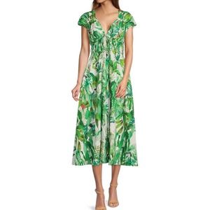 NWT - ANTONIO MELANI Victoria Tropical Print Poplin V-Neck Midi Dress, Sz 6